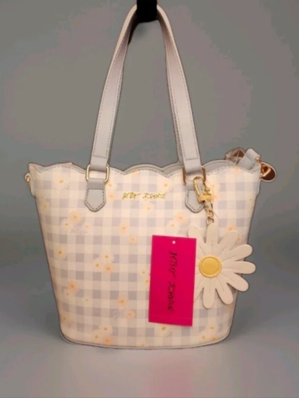 Betsey Johnson Plaid Daisy Flower Pattern Satchel Crossbody Bag Purse Charm - Picture 4 of 11